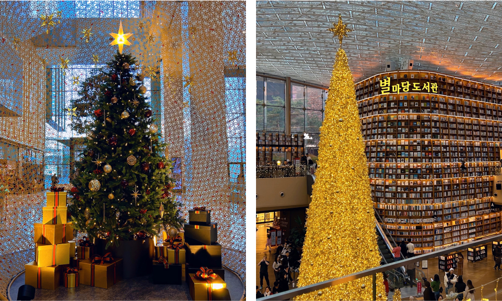 The image on the left shows a beautifully decorated standard size Christmas tree. The image on the right shows the huge annual Christmas tree in the Coex Starfield Library.