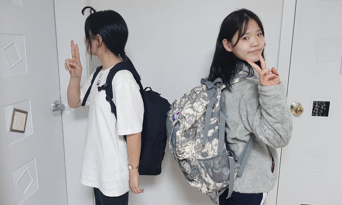 Backpacks given to children in a Korean orphanage