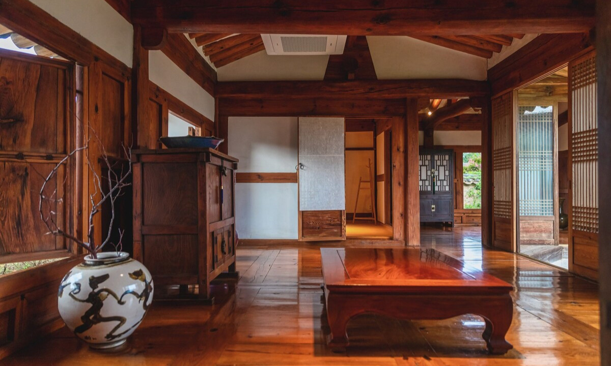 The beautiful wooden interiors of a hanok style house.
