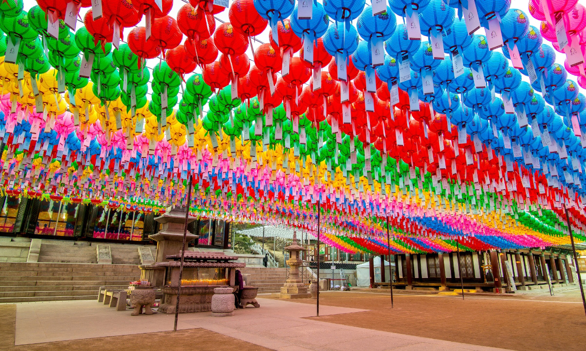 Rows of colorful paper lanterns hang overhead an angled view of a buddhist temple.