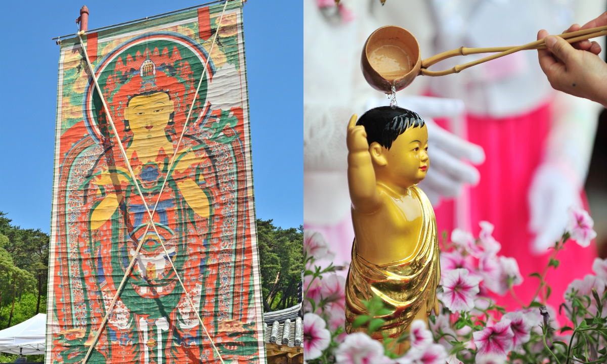 The left picture shows a large Buddhist banner from Tongdo Temple, and the right image shows a close-up of a person pouring water over a baby Buddha statue.