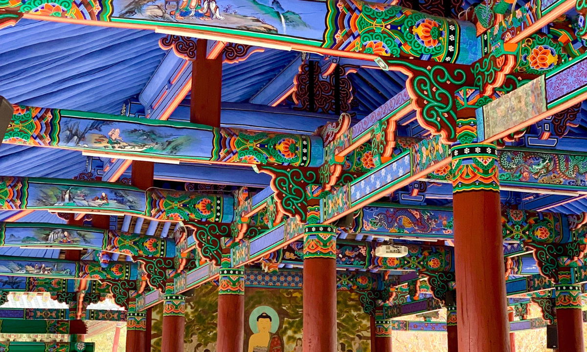 A view of the stunning and colorful blue ceiling from the Manse-ru Pavilion in the Unmunsa Temple complex.