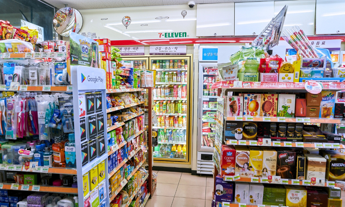 The inside of a packed 7-Eleven in Seoul, South Korea.