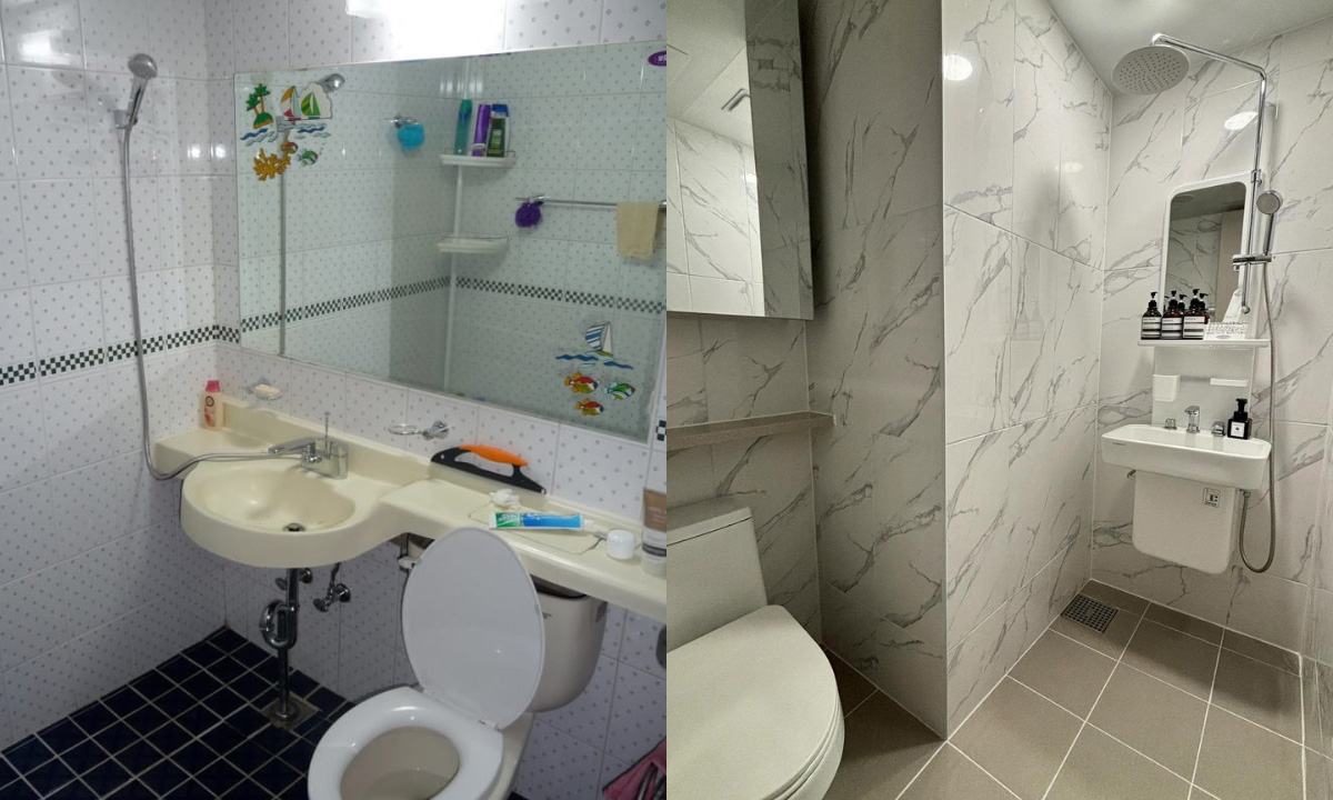 Two images depict average and typical Korean wetroom showers, where the shower head is connected to the sink and there is no division of space between the toilet and shower.