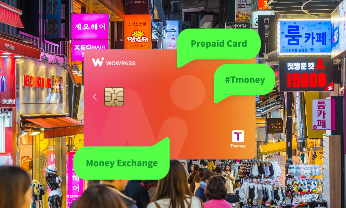 An image of Korea’s Wow Pass with highlight green talk bubbles surrounding it. An image of Myeondong shopping district in Seoul at night is in the background.