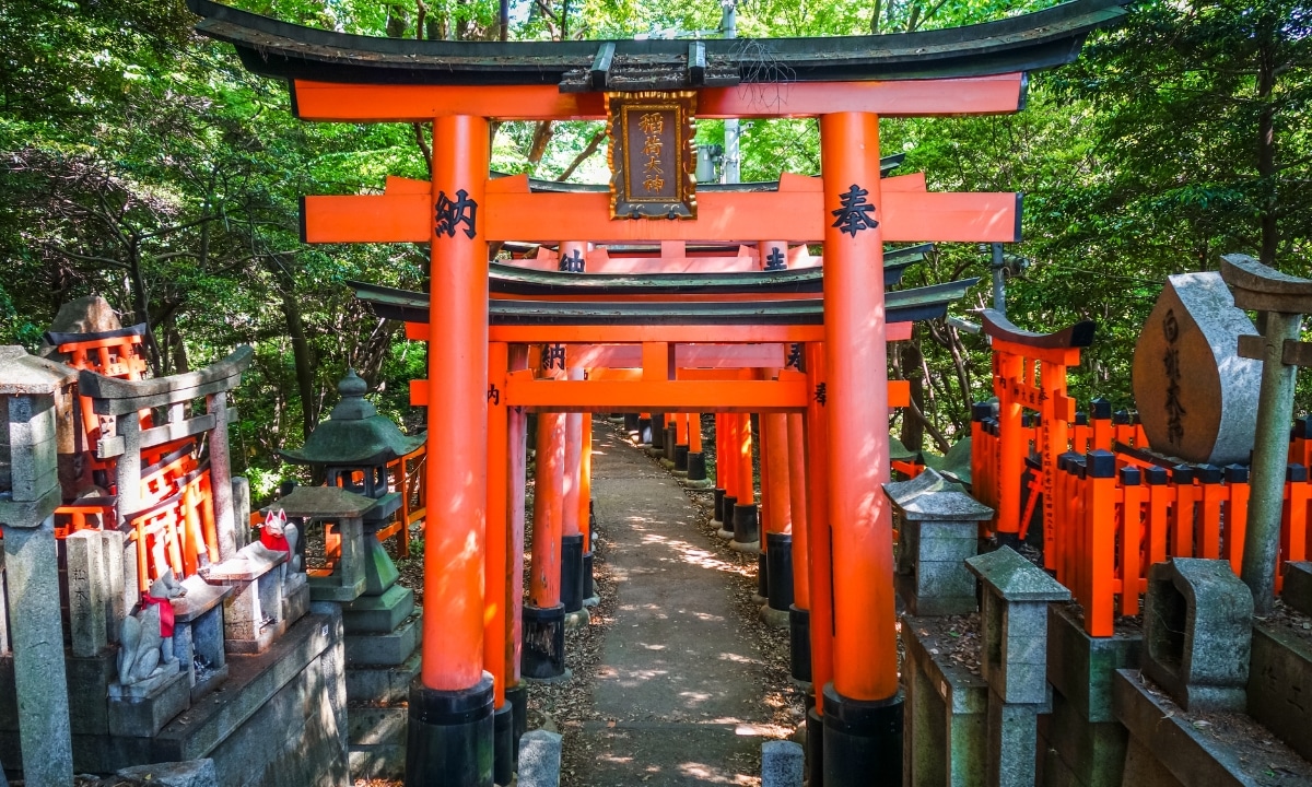 A scenic forest path with the red torii gates layered one after the other at Fushimi Inari Taisha in Kyoto, Japan.