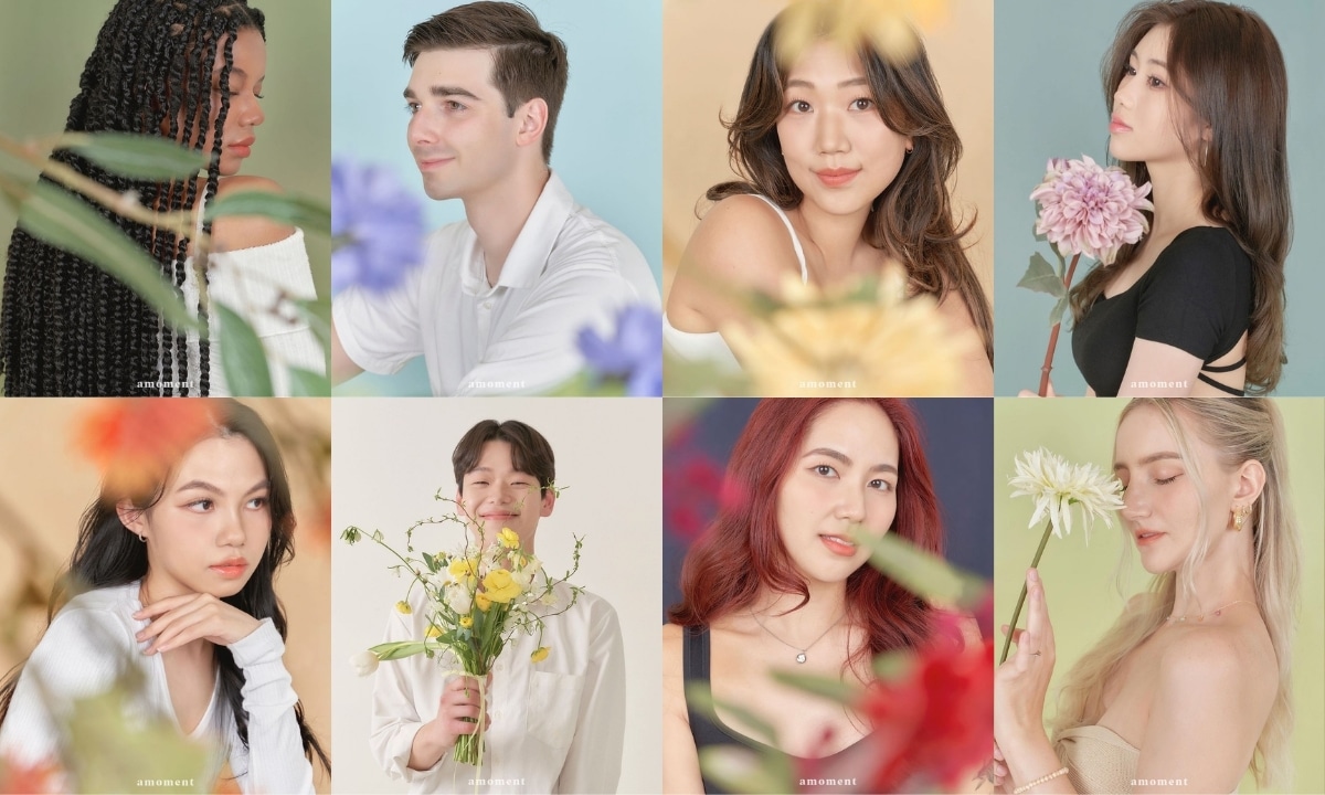Eight well-lit portrait photos of people with blurred florals in the foreground and or held as props by the models. Photos taken from Amoment in Seoul.