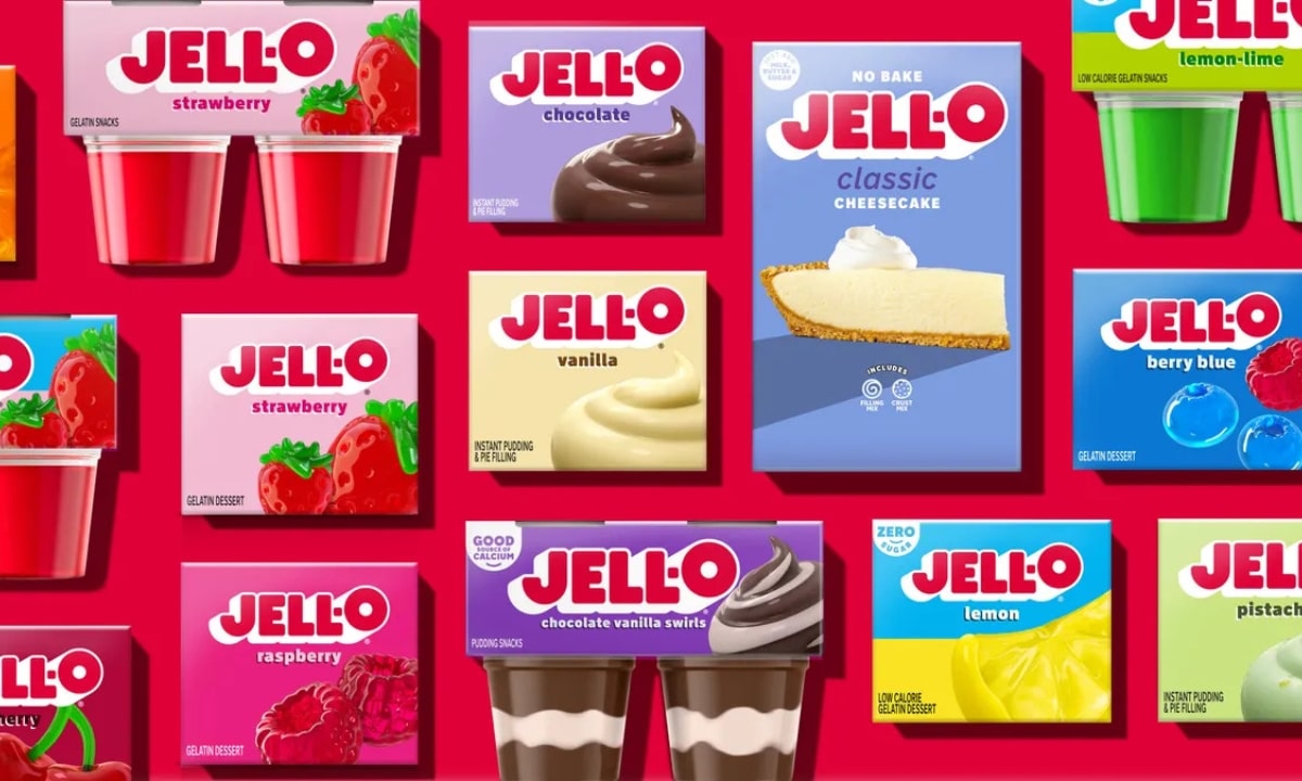 Boxes of Jell-O in various flavors, including strawberry, chocolate pudding, and cheesecake.