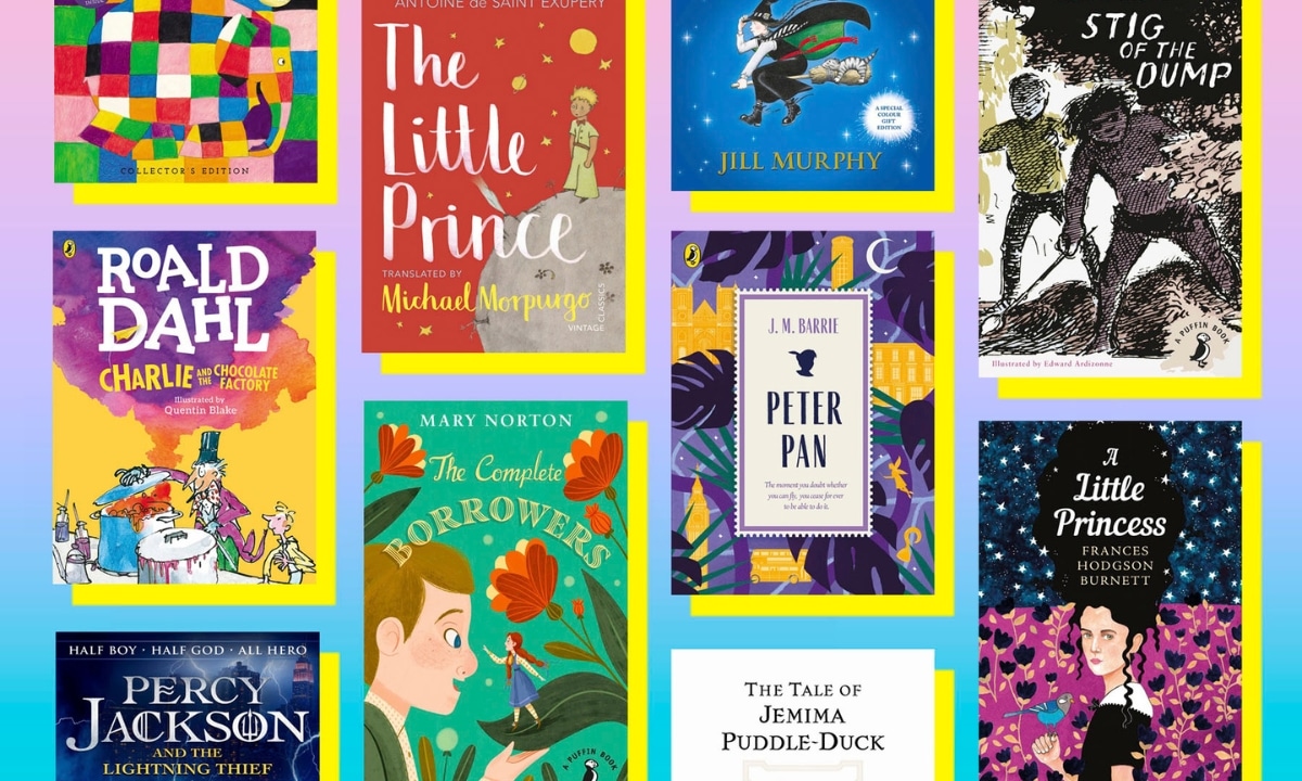 Classic American children's books, including titles like Little Women and Peter Pan displayed in colorful covers.