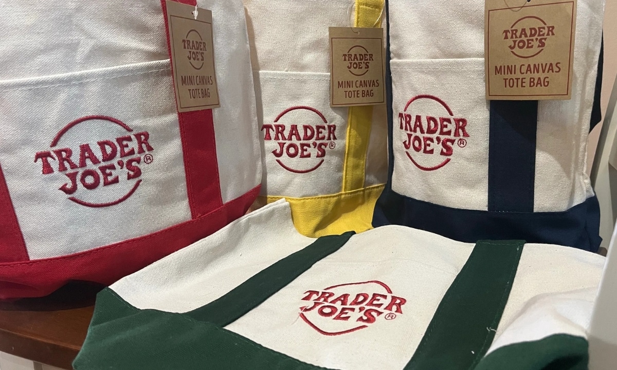 Trader Joe's reusable tote bags with products inside, styled with a minimalist design.