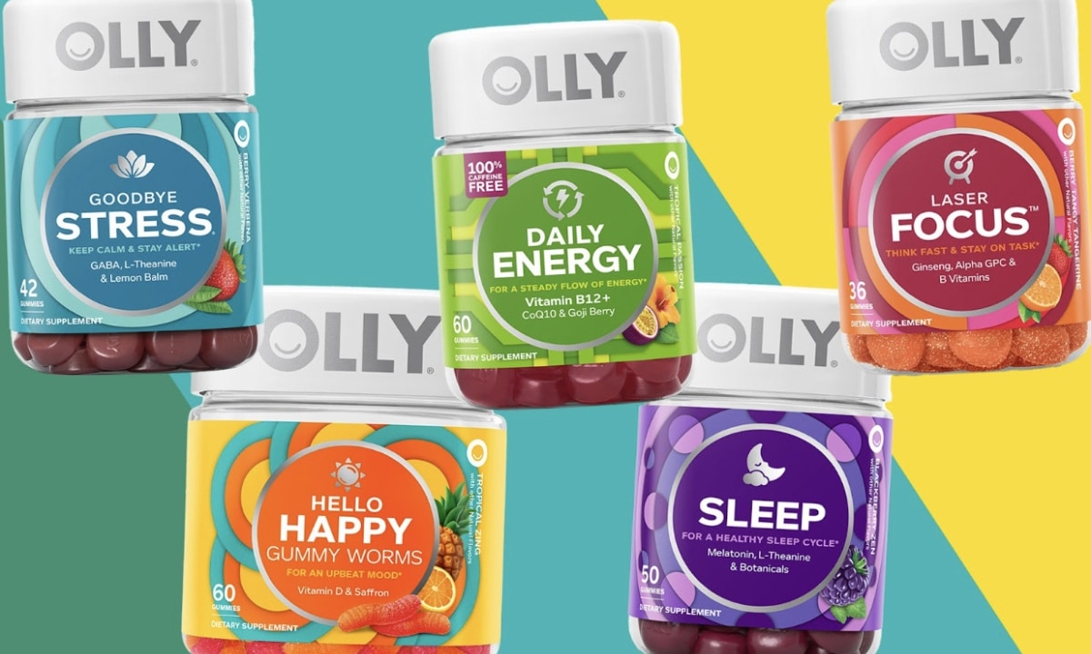 Olly gummy vitamins, including energy boosters and sleep aids, displayed in vibrant packaging.