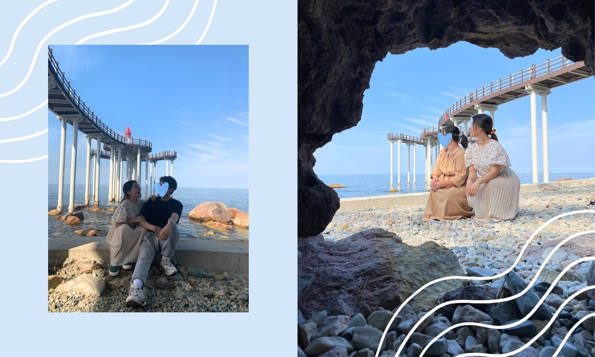 Coastal rock formations and walking paths along Pohang’s scenic shoreline. Two photos show a couple in one, and two friends posing nearby.