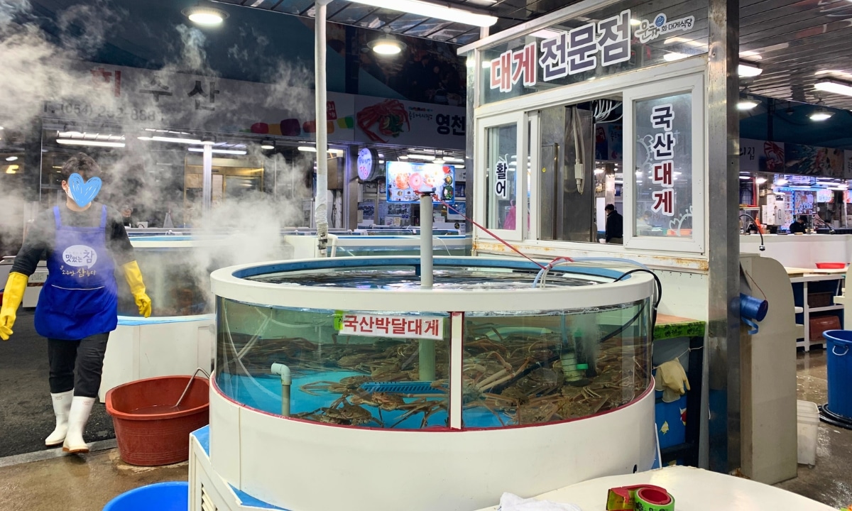 A busy seafood market in Pohang, with vendors and fresh seafood in water tanks.