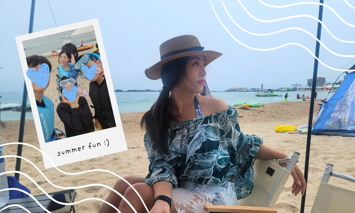 A woman at the beach in Pohang, framed by summery wavy lines. Collaged on top is a polaroid of four friends posing with life guards and snorkeling gear.