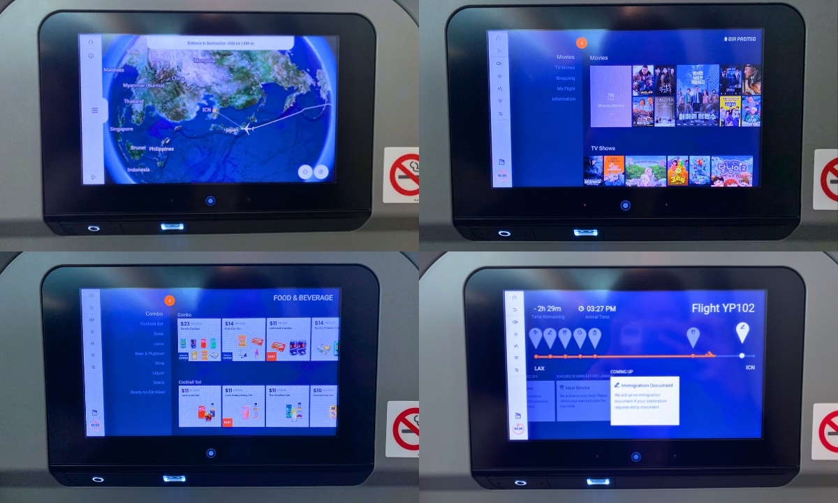 Entertainment system screens on the back of airplane seats, showing the amenities provided by airlines like Air Premia.