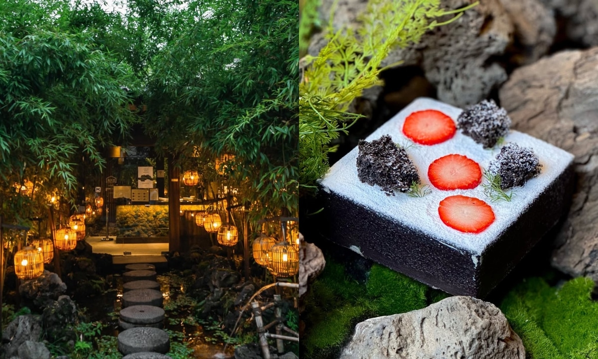 Stone path with lanterns leading to Cheongsudang, a photogenic hanok cafe in Seoul.