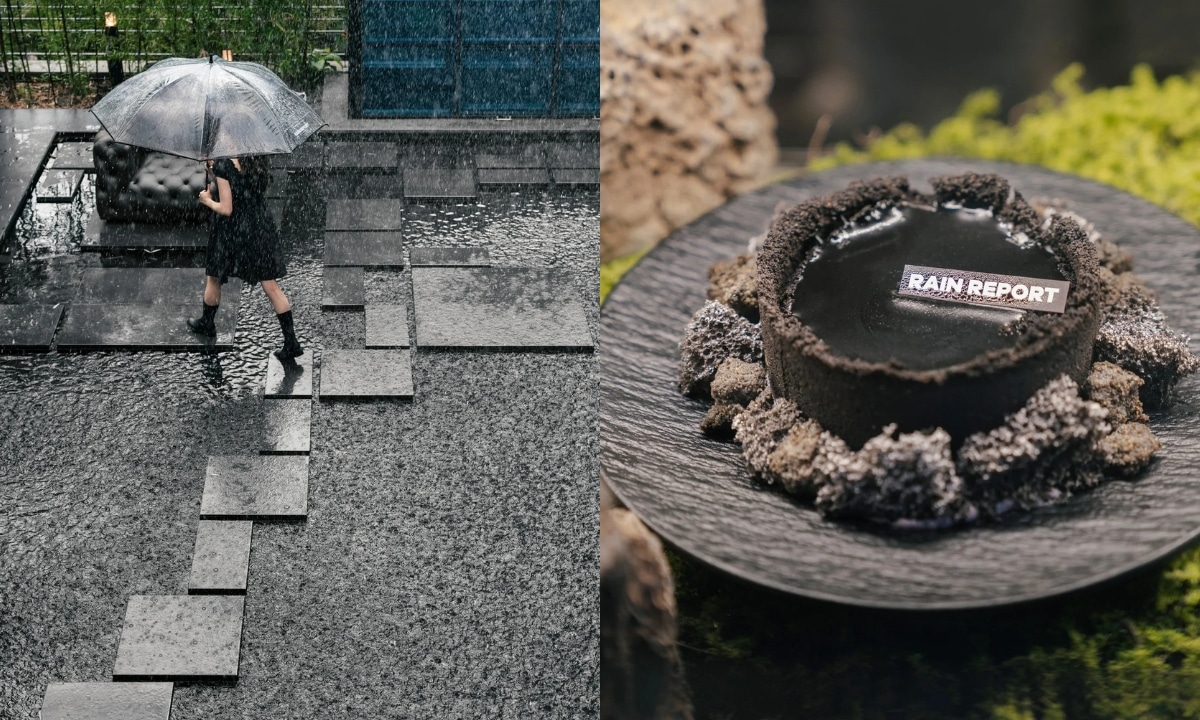 Stylish desserts and moody interiors at Rain Report cafe in Seoul.