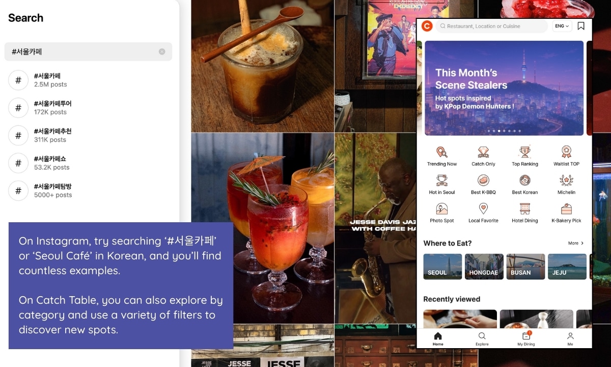 Browsing reservation apps to find the best restaurants and cafes in Seoul.