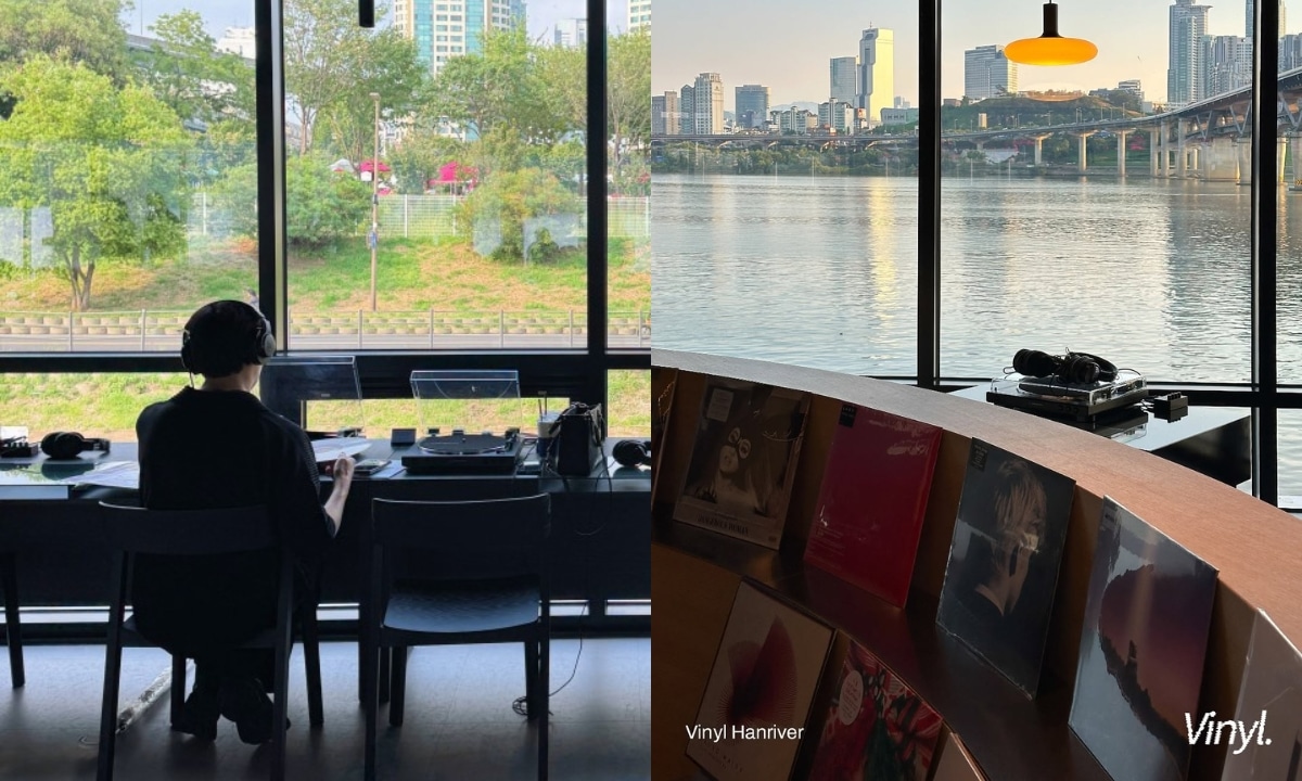 Vinyl Hangang cafe with personal turntables and Han River views in Seoul.