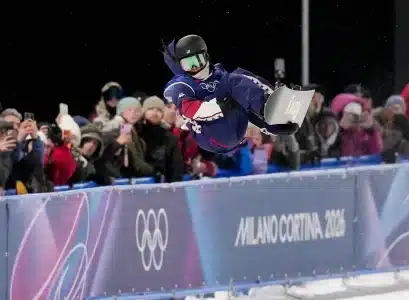 Chloe Kim of the United States in the women's halfpipe final during the Milano Cortina 2026 Olympic Winter Games at Livigno Snow Park.